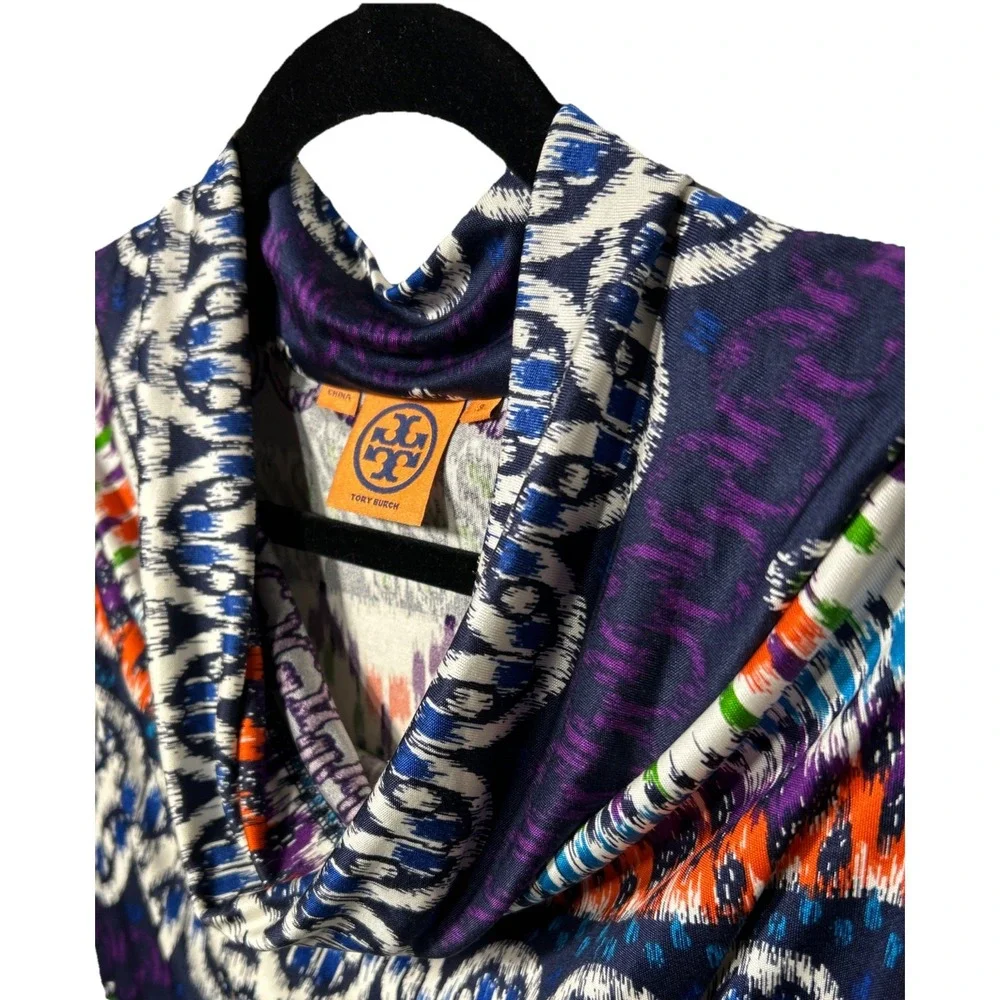 Tory Burch Silk Long Sleeve Cowl Neck Mini Dress Fantasy Print Sz Small‎ EUC
